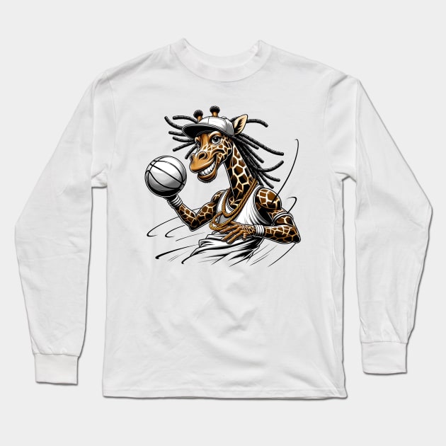 Basketball Giraffe Player | Whimsical Hoops & Wildlife Art Long Sleeve T-Shirt by KontrAwersPL